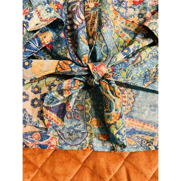 Ralph Lauren Blue Paisley Tie Waist Blouse Womens Large Button Front Classic - Picture 4 of 5